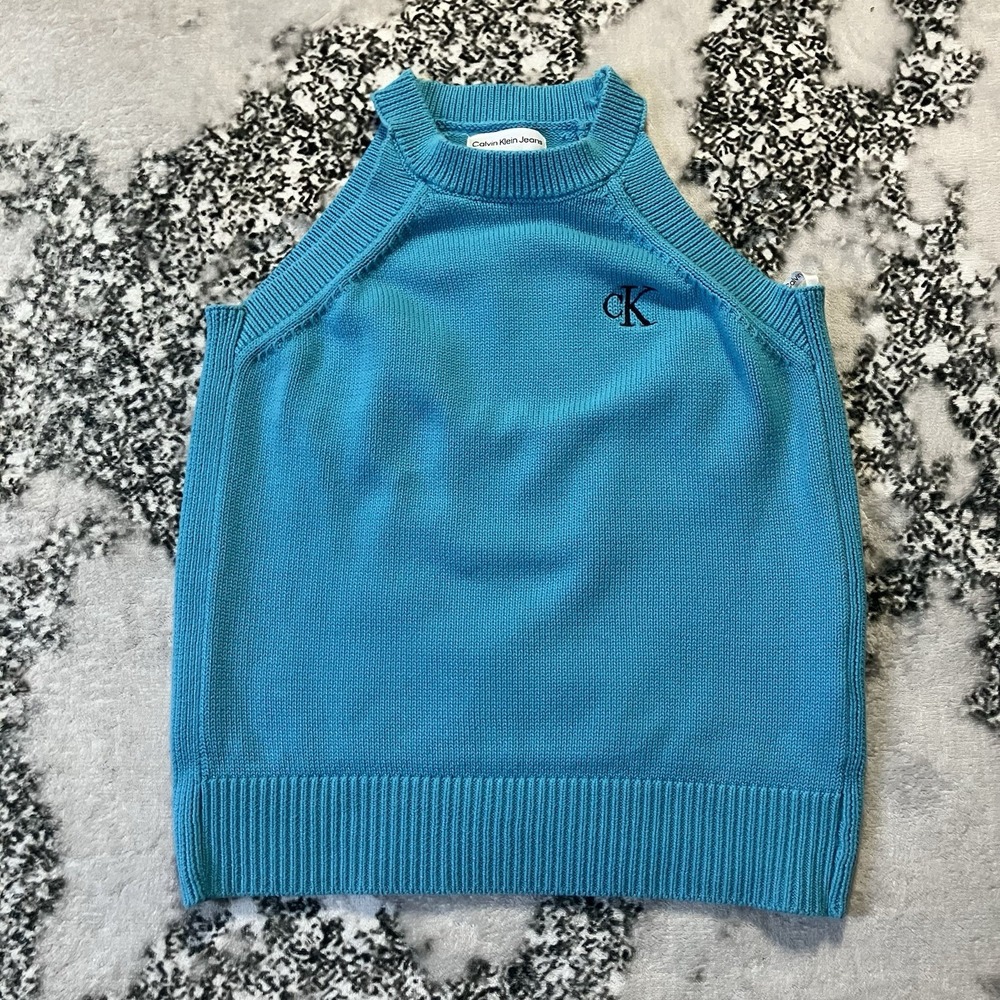 Calvin Klein Sweater Womens Size Small Teal Blue Knit Halter Top Cotton